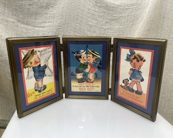 Vintage 1940s Framed Valentines, Vintage Folding Triptych Frame, Wall or Tabletop, Cute Antique Valentines, Metal Frames, Sweet Graphics!