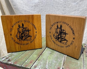 Vintage Pair of Northwest Paper Company Bookends, Advertising Collectibles, Solid Oak / Metal, Minnesota Paper Industry, 50th Anniversary