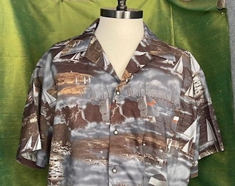 Vintage 1970s Hawaiian Shirt, RJC Ltd., Size XXL, Polyester, Cabin Cruisers, Sailboats, Like New, Vintage Clothing