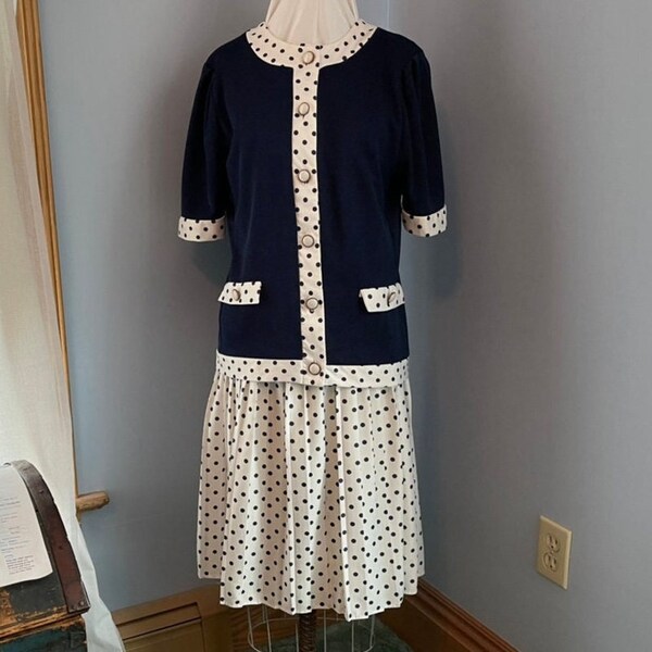 Vintage Polka Dot Dress, White/Blue Poly, Leno Leno, Excellent Condition, Stretchy, Size 10 Vintage Clothing, Vintage Dresses