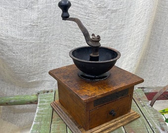 Antique 1888 Coffee Grinder, Wood, Cast Iron, Favorite Mill No. 107, Arcade Manufacturing Co., Farmhouse Kitchen Decor, Original Label