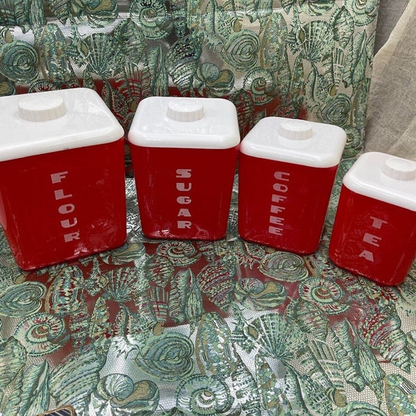 Vintage MCM Lustro Ware Canister Set, Red & White Plastic, Set of 4, Flour, Sugar, Coffee, Tea, Red 1950s Kitchen Decor, Nostalgic Decor