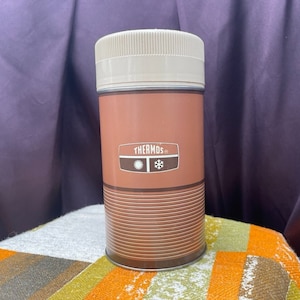 Vintage 1950s Metal Thermos Bottle, Wide Mouth, Plastic Cup, Stopper, Almost Like New, Brown Stripes, Pint Size, Vintage Thermos Bottles