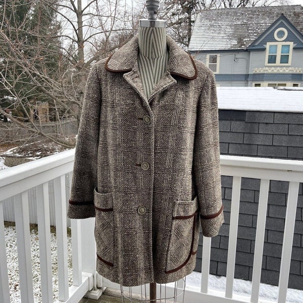 Vintage Tweed Wool Jacket, Mary Jane Brand, Brown, Beige, 1970s, Velour Piping, Buttons, Satin Lined, Size Large or X-Large, Wool Coats
