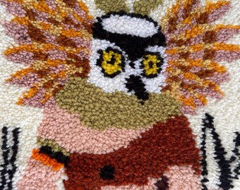 Vintage Kachina Wall Hanging or Rug, Mongwa Owl, Handmade Latch Hook Rug, Native American Design Rug, Handmade, Great Colors