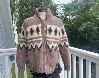 Vintage Cowichan Sweater, Size 38/40, Geometric Design, Browns & Beige, Lined, Zip Up, Shawl Collar, Heavy Yarn, Vintage Cowichan Sweaters