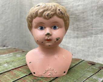 Antique German Doll Head, Minerva, Painted Metal, Gothic Decor, Props, Old Dolls, Eclectic Decor, Doll Parts, Early 19th Century Doll Head