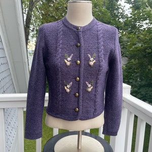Vintage Austrian Style Wool Cardigan Sweater, Trachten Mad’l, Plum / Hand Embroidered Floral, Cottagecore, Small, Traditional German Sweater