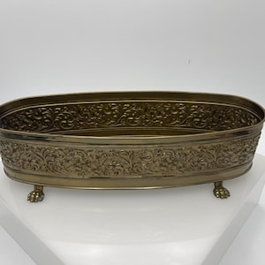 Vintage Solid Brass Jardiniere, Cachepot Planter, Decorative French Style, Footed, Beautiful Patina, Multipurpose, Floral Reposse Design