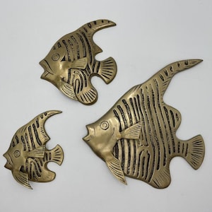 Vintage Solid Brass Angelfish Wall Decor, Set of 3 in Graduated Sizes, Beach Cottage, Nautical, Seaside Tropical Fish Decor, Dimensional