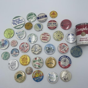 Vintage Lot Pin Back Buttons, Variety of 33 Buttons, Minnesota Town Events, Fairs, Festivals, Carnivals, 1970s to 90s, Metal Pin Buttons