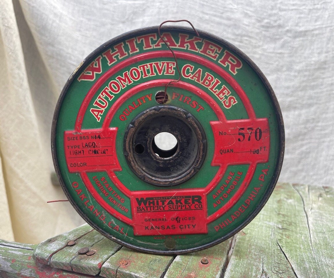 Vintage Whitaker Automotive Cables Wire Reel, Red Green Metal, Auto