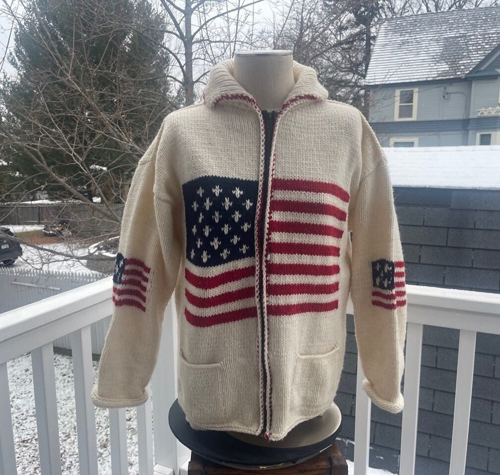 Vintage Hand Knit USA Flag Wool Sweater, Ecru, Red, Blue, Zip Up, Made in Ecuador, Raglan Sleeves, 100 Percent Hand Spun Wool, XL, Amazing - Etsy Vintage Hand Knit USA Flag Wool Sweater, Ecru, Red, Blue, Zip Up, Made in Ecuador, Raglan Sleeves, 100 Percent Hand Spun Wool, XL, Amazing - Etsy