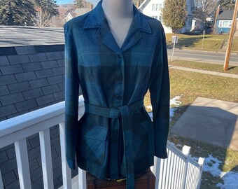 Vintage Pendleton 49’er Wool Jacket, Size L, Blue, Black, Plaid, Buttons/Pockets, Belt, Roomy Fit, Women’s Wool Blazer, Beautiful!