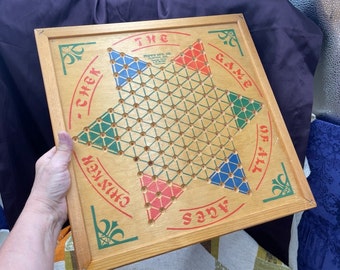 Antique Wood Chinese Checkers Board, Complete Set of Marbles, Brown MFG., Copyright 1937, Excellent Vintage Condition, Colorful Graphics