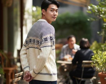 Vintage 1970s Fair Isle Cable Knit Sweater, Acrylic, J. C. Penny’s Pullover, Med., Beige/Blue, Retro Sweaters, Vintage Clothing, Excellent