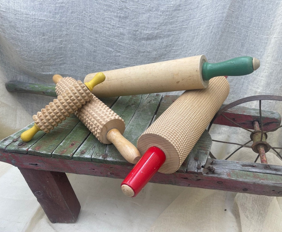 Antique Rolling Pins Solid Wood, Munising Green Handles, Collectible