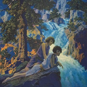 Antique Maxfield Parrish Mazda Calendar Prints, 1931 The Waterfall, Vibrant Colors! Rare