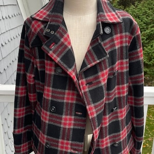 Vintage Woolrich Plaid Wool Jacket, Red, Black, Sz Women’s Med, Lightweight, Lined, Double Breasted, 3 Pockets, Excellent Cond., Wool Blend