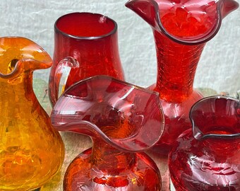 Vintage Lot of 5 Handblown Amberina, Ruby Bud Vases, Pitchers, Small, Gorgeous, Crackle Glass, Pontil Marks, Art Glass, Excellent Condition