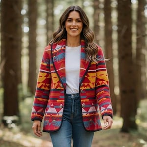 May include: A long-sleeved blazer featuring a vibrant, multi-colored geometric pattern in shades of red, yellow, blue, and white. The garment has a notched lapel, black trim along the edges, and two metallic buttons on the front closure.