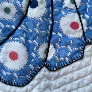 Peut inclure: Une pi&egrave;ce textile matelass&eacute;e avec une superposition de tissu bleu orn&eacute;e d'un motif circulaire blanc, rouge et vert et de petits tirets blancs. Le tissu bleu pr&eacute;sente un bord festonn&eacute; fini par un point de feston noir &eacute;pais sur une base blanche.