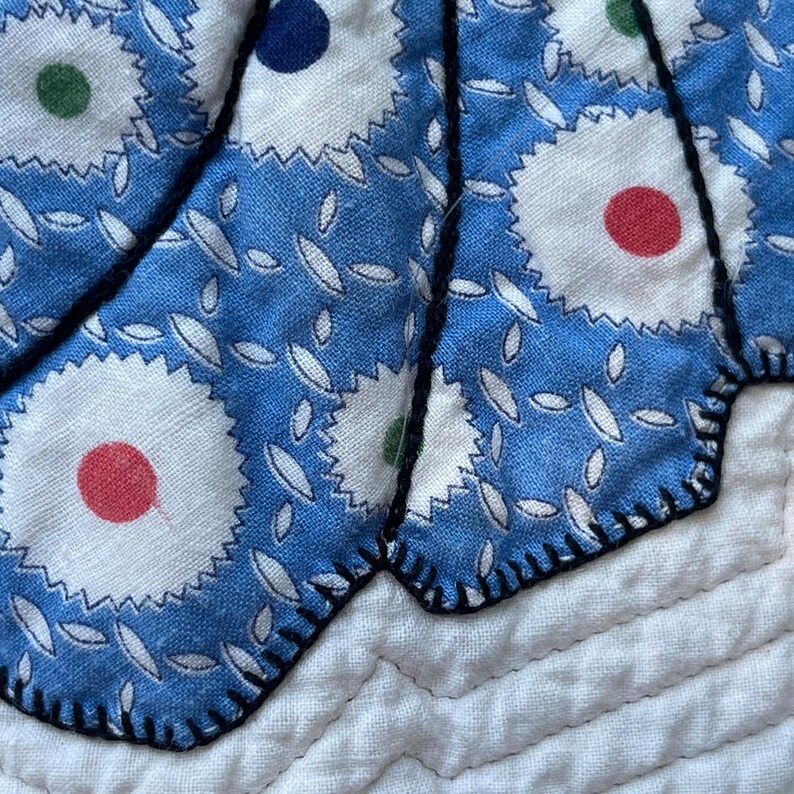 Peut inclure: Une pi&egrave;ce textile matelass&eacute;e avec une superposition de tissu bleu orn&eacute;e d'un motif circulaire blanc, rouge et vert et de petits tirets blancs. Le tissu bleu pr&eacute;sente un bord festonn&eacute; fini par un point de feston noir &eacute;pais sur une base blanche.