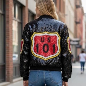 Vintage Modi Pop Art Oversized Bomber Jacket, Traffic Signs, Stop Sign, Black, Red Yellow, Size L, Zips Up, Lined, Two Pockets, Exc. Cond.