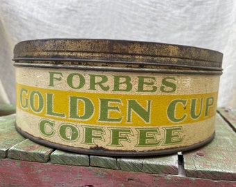 Antigua lata de café Forbes Golden Cup, amarillo, beige, verde, década de 1930, decoración de cafetería de granja rural, lata de café coleccionable, publicidad