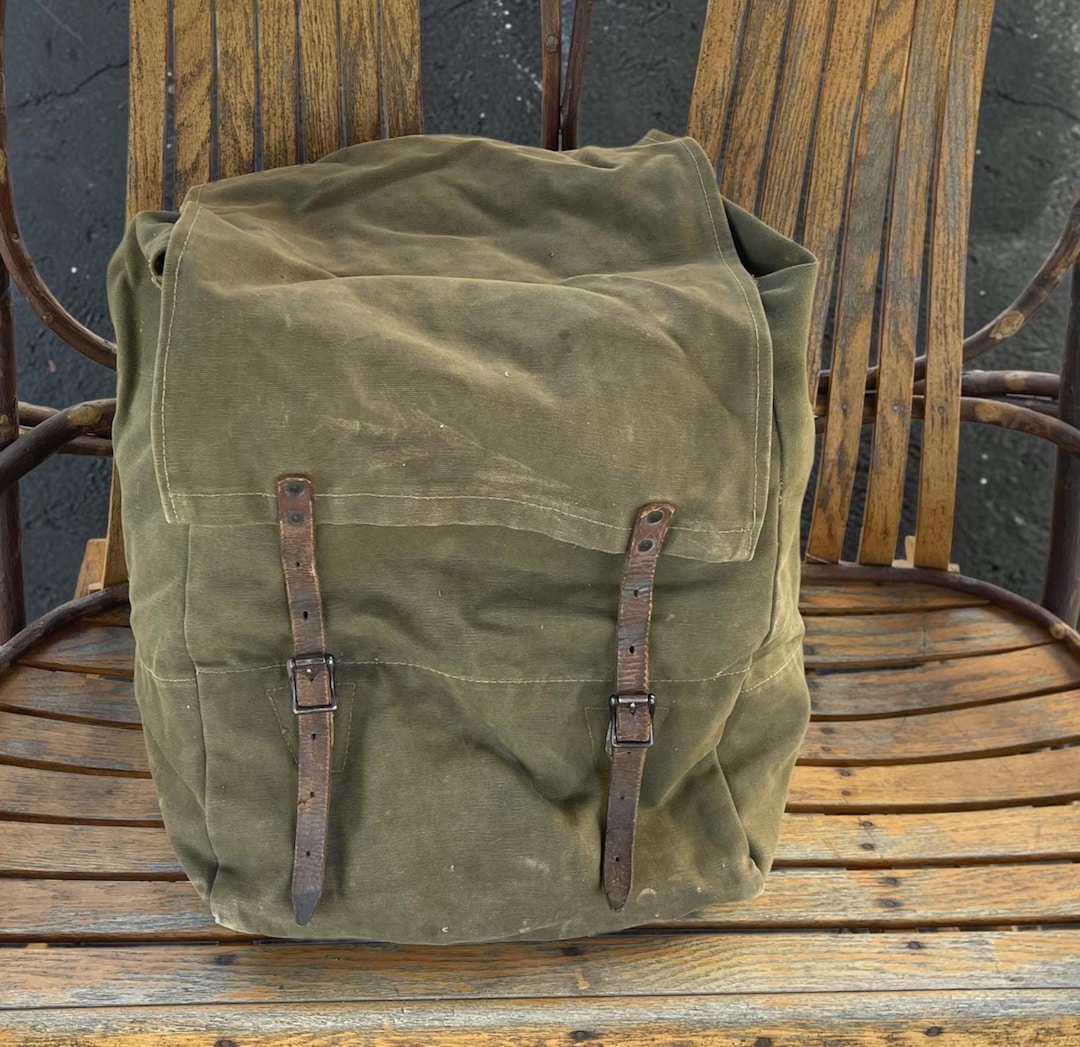Vintage 1950s Monarch Canvas Backpack, Leather Straps, Brass, Canoeing ...
