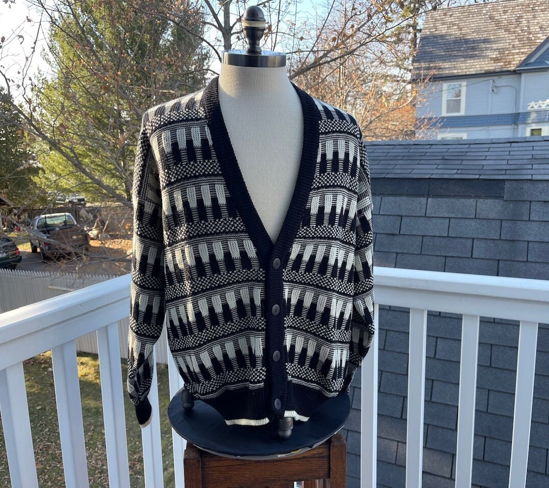 Vintage 1980s Cardigan Sweater, White & Black Button Up