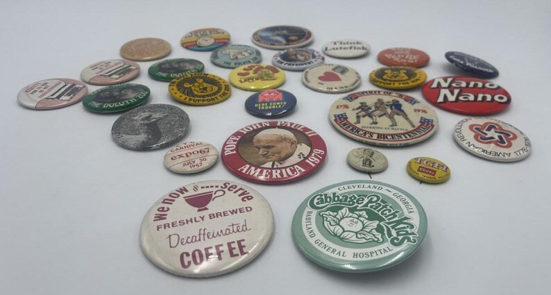 Vintage Lot Pin Back Buttons, Variety of 27 Buttons, Nano Nano, Pope ...