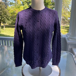 Vintage Purple Wool Sweater Cardigan, Cable Knit, Dayne Taylor, Button up, Retro Cardigan, Size 40, Soft, Warm, Pure Wool, Like New
