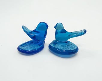 Vintage Bluebird of Happiness Glass Votives, Heavy Glass, Handmade Signed, Ron Ray, Leo Ward