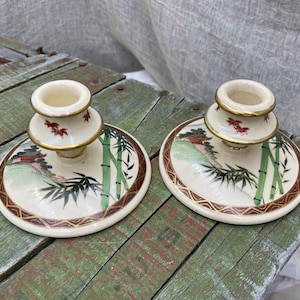 Antique Satsuma Candle Holders, Pair, Japanese, Signed, Hand Painted, 1930s, Crazed, Bamboo, Bird, Minka, Excellent, Collectible Satuma