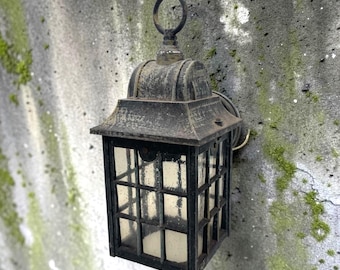 Vintage Italian Lantern Porch Light Fixture, Seedy, Wavy Glass, Waterproof, Garden Sconce, Aged Patina