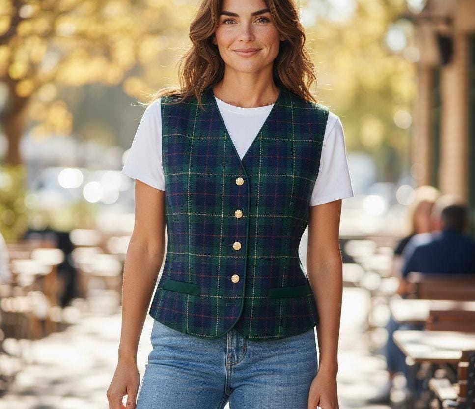 Vintage Green, Blue Plaid Vest, LizSport, Wool-Blend, Size 10 Petite, Lined, Tailored, Wool Vests, Designer Vintage Clothing