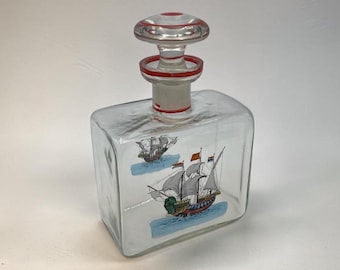 carafe à alcool en verre vintage avec bouchon, fabriquée en Tchécoslovaquie, navires de tondeuses peints à la main, autocollant original, articles de bar antiques