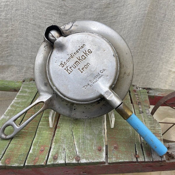 Antique Scandinavian Krumkake Iron, Matching Stand, Blue Handles, The Rustad Co., St. Paul, Minn., Antique Cookware, Pizzelle Iron