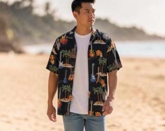 Vintage Hawaiian Shirt, Hilo Hattie The Hawaiian Original, Size 3XL, Electric Guitars, Retro Guitars, Cotton & Rayon