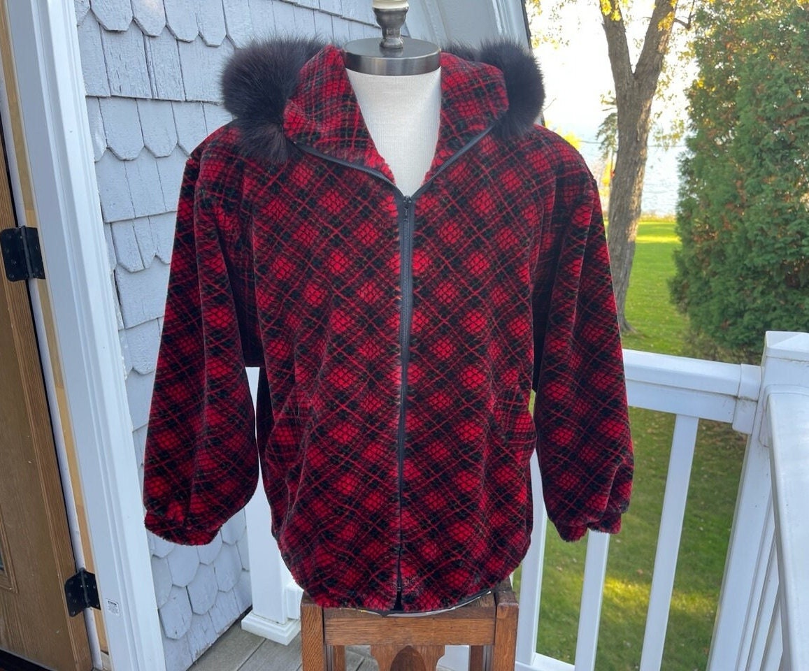 Vintage Red Black Plaid Jacket, Hood, Faux Fur Trim, Velvety Fabric, Hillmoor New York, Bomber Style, Zip Up, Medium, Excellent Cond., 1980s - Etsy Vintage Red Black Plaid Jacket, Hood, Faux Fur Trim, Velvety Fabric, Hillmoor New York, Bomber Style, Zip Up, Medium, Excellent Cond., 1980s - Etsy