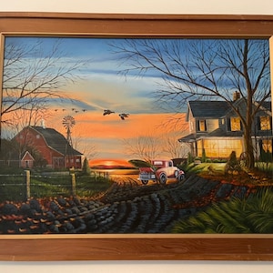 Painted Copy Of Terry Redlin Special Memories, Oil On Canvas, Wood Frame, Ducks, Farmhouse, Sunset, Old Truck, Duck Boat, Original Painting