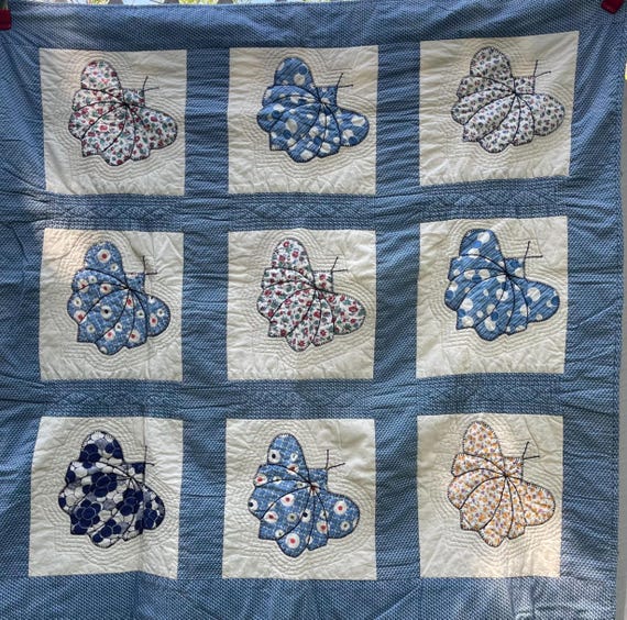 Antique Butterflies Appliqué Quilt, Blues, Cream, Hand Appliqué, Machine Quilted, Very Good Condition, 44 Inches by 43.5 Inches