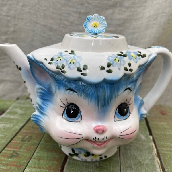 Rare Lefton Miss Priss 1950s Tea Pot, #1516, Anthropomorphic, Blue Cat, Floral Hat, Vintage 4-Cup Tea Pot, Made in Japan, Retro Kitsch Decor