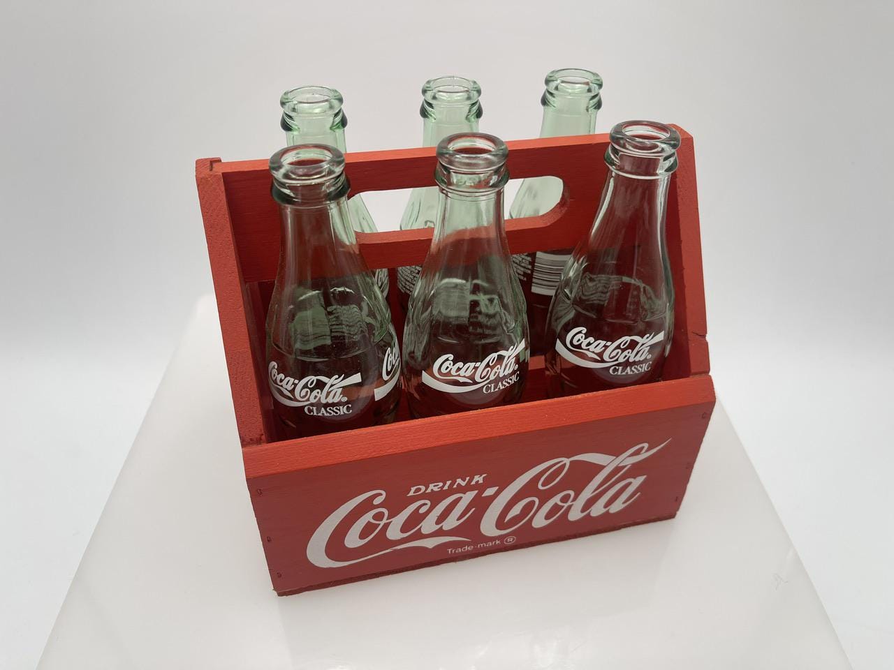 Vintage 1980s Wood Case Coca Cola 6-pack, 6 Bottles, Red and White Vintage 1980s Wood Case Coca Cola 6-pack, 6 Bottles, Red and White