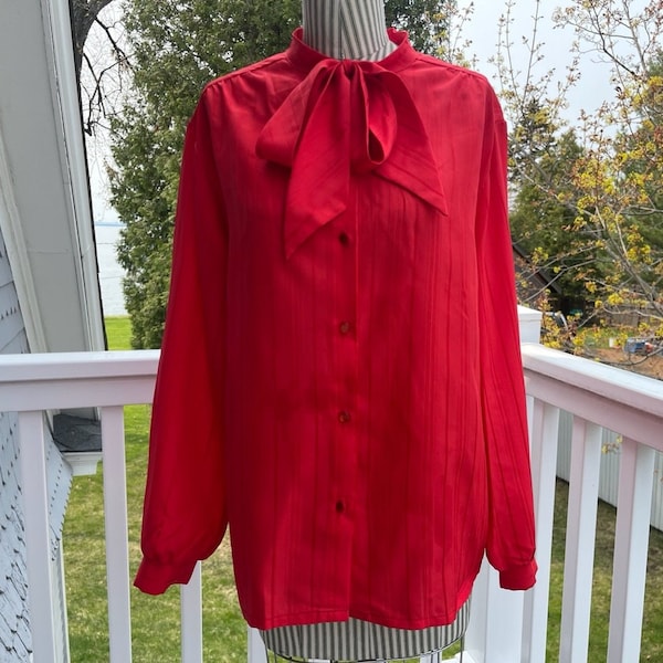 Vintage 1970s Bow Blouse, Red Textured Polyester, J. C. Penny’s Brand, Red, Vintage Women’s Clothes, Excellent Cond., Long Sleeves