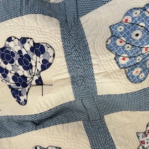 Peut inclure: Un textile matelass&eacute; pr&eacute;sentant un fond &agrave; motifs bleus et blancs avec des carr&eacute;s de couleur cr&egrave;me. Chaque carr&eacute; affiche une application en tissu en forme d'&eacute;ventail ou de coquillage, soulign&eacute;e par des coutures sombres et des lignes de matelassage.
