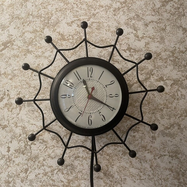 MCM Atomic Electric Wall Clock, Black Wrought Iron, United Brand, Works Great, Atomic Starburst Wall Clock, 13” Diameter, MCM 1960s Clocks