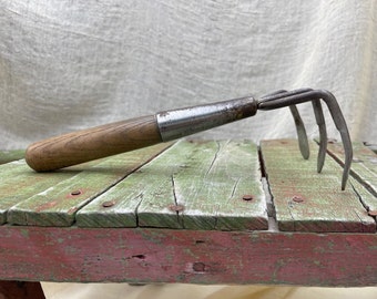 Antique Garden Hand Tool, Wood And Metal, Hand Claw Rake, Marked US, Rusty Metal, Garden Art, Collectible Farm & Garden Tools, Cottagecore