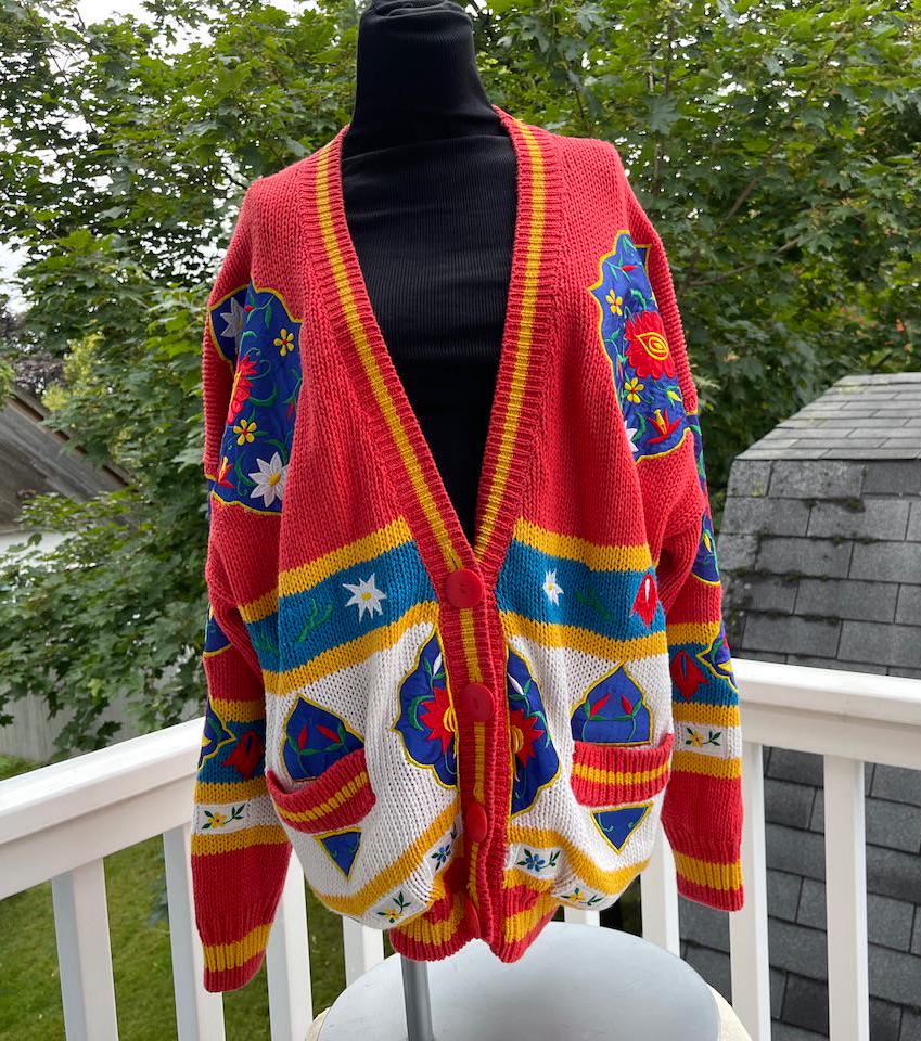 SuperiorTreasuresMN Vintage 80s No! Jeans Cardigan Sweater, Lined, Big Buttons, Orangish Red, Blue, Scandinavian Designs, One Size Fits Most, Amazing Condition! SuperiorTreasuresMN Vintage 80s No! Jeans Cardigan Sweater, Lined, Big Buttons, Orangish Red, Blue, Scandinavian Designs, One Size Fits Most, Amazing Condition!